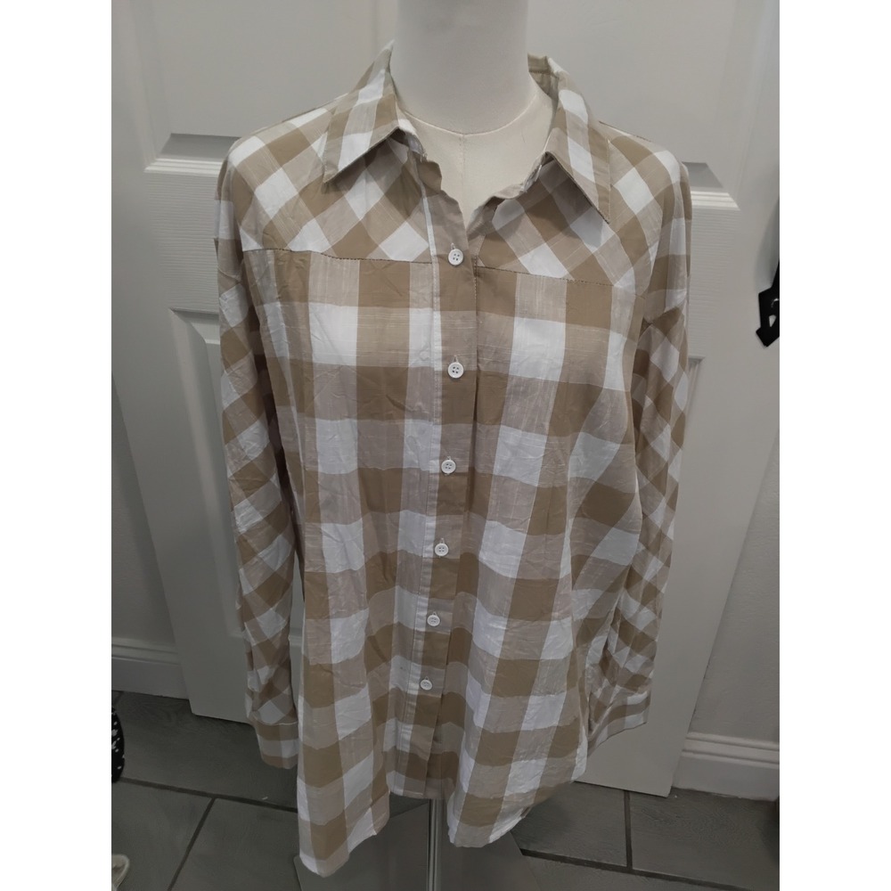 Bibi Tan White Gingham Button Down Shirt Womens Large Long Sleeve Plaid‎ IP4359